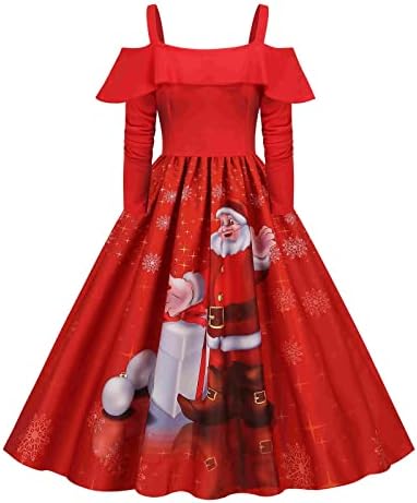 NOKMOPO Bayan Noel Elbise Moda Retro Yuvarlak Boyun Noel Baskı Uzun Kollu Elbise Tunik Etek Boyu Parti Elbiseler