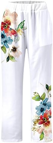 Kadın Sıkı Geniş Bacak Palazzo Pantolon Çiçek Baskı Pamuk Keten Rahat Gevşek Yaz plaj pantolonları Cepler ile