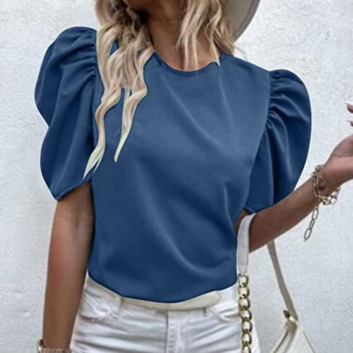 Kadın Katmanlı Tees Bayan Düz Renk Rahat Yuvarlak Boyun T Gömlek Puf Kollu Üstleri Kadın Düz Uzun Kollu