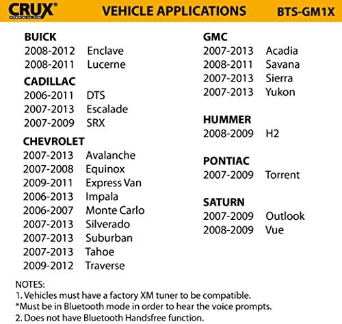 Crux BTS-GM1X Bluetooth Müzik Akışı için Seçin GM Araçlar (Fabrika XM Tuner ile) 2006-2013