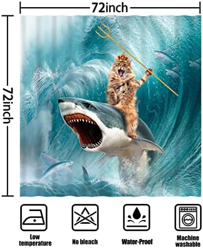 CYREKUD 72 x 72 Komik Kedi Duş Perdesi Kedi Sürme Köpekbalığı Okyanus Dalgası Banyo Seti Eğlenceli Hayvan Denizcilik