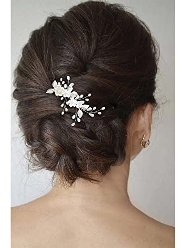 Gorais Çiçek Gelin Düğün Saç Tarak Inci Gelin saç aksesuarları Yaprak saç parçası Kadınlar ve Kızlar ıçin (A-gümüş)