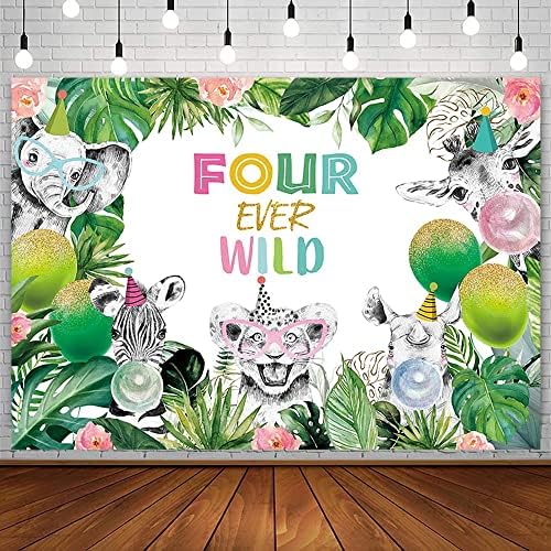 AIBIIN 7x5ft Dört Hiç Vahşi Zemin Çocuk için Mutlu Dördüncü Doğum Günü Fotoğraf Arka Plan Jungle Safari Orman Hayvanları