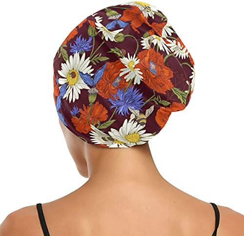 Kafatası Kap Uyku Kap Çalışma Şapka Bonnet Beanies Kadınlar için Kırmızı Menekşe Papatya Çiçek Çiçekler Uyku Kap Çalışma