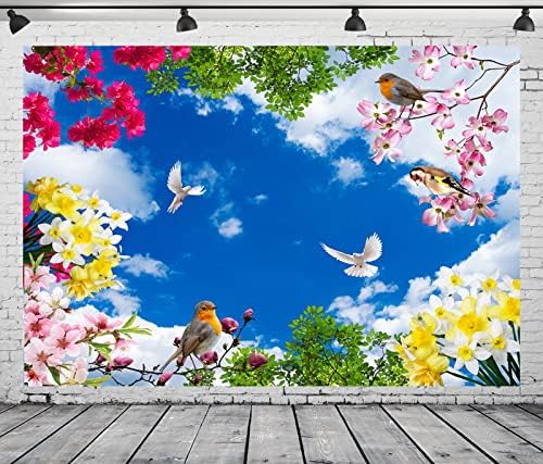 Loccor 15x10ft Kumaş Bahar Gökyüzü Zemin Beyaz Bulutlar Güvercinler Havada Kuşlar Çiçekler Dalları Fotoğraf Arka Plan
