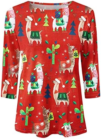 Noel Kazak Kadınlar için Yeni Yıl 2023 Komik Sevimli Noel Ağacı Crewneck Tişörtü 3/4 Kollu Sonbahar Moda Tunik Üst