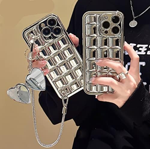 ıPhone 14 Pro Max için Kılıf Kadınlar Kızlar için 3D Sevimli ızgara Ekose Tasarım Gümüş Metal Kayış ile, lüks Şık