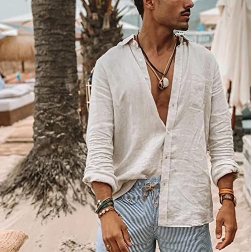 Maiyifu-GJ Erkek Uzun Kollu Keten Düz T-Shirt Casual Pamuk Düğmeler Aşağı Plaj Gömlek Düz Roll-Up Kollu Yaz Bluzlar