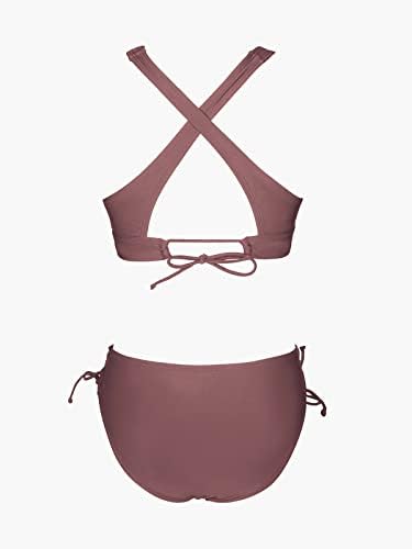 CUPSHE bikini seti Kadınlar ıçin Iki Parçalı Mayo V Boyun Üçgen Üst Geniş Sapanlar Çapraz Geri Dantel up Orta Rise
