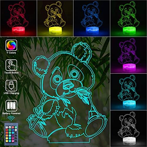 Çocuklar için AFSUN 3D Panda Gece Lambası, Uzaktan Kumandalı 3D LED İllüzyon Lambası, 7 Renk,Kısılabilir, Akıllı Dokunmatik,