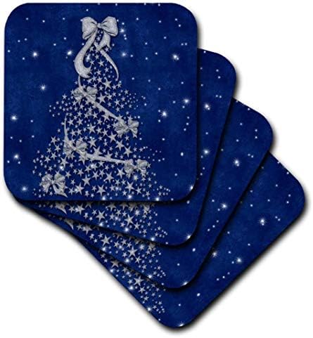 3dRose CST_52292_2 Kar Yumuşak Bardak Altlıklı Mavi ve Gümüş Noel Ağacı, 8'li Set