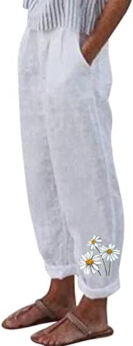XINSHIDE Keten Pantolon Kadınlar için Rahat Ayçiçeği Baskı dökümlü pantolon Kayma Cepler ile Yüksek Bel Gevşek Fit