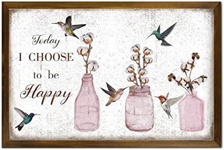 Bugün Mutlu Olmayı Seçiyorum Çerçeveli Ahşap Tabelalar Hummingbird Kapok Vazoda Çiçek Ahşap Plak Klasik Merhaba Bahar