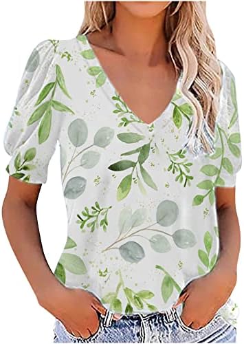 lcepcy Gevşek Fit Plaj Üstleri Kadınlar için Çiçek Baskı V Boyun Puf Kollu T Shirt 2023 Şık Rahat Yaz Bluz T-Shirt