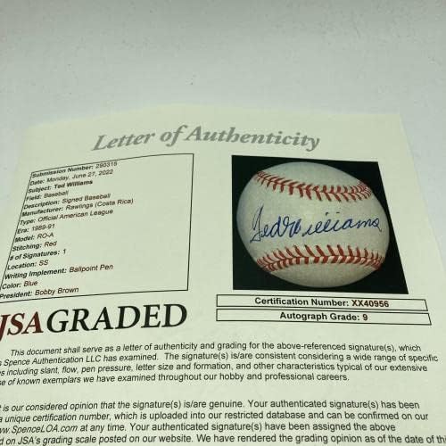 Çarpıcı Ted Williams Tek İmzalı Amerikan Beyzbol Ligi JSA Dereceli NANE 9 İmzalı Beyzbol Topları