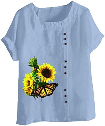 Ayçiçeği Grafik Tees Kadınlar için Pamuk Keten Gömlek Gevşek Fit Kısa Kollu Üstleri Crewneck Casual Bluz Artı Boyutu