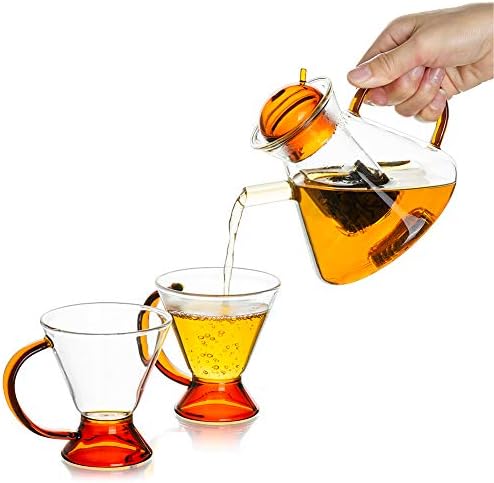 2 Bardak ile cam Çaydanlık Seti, Çıkarılabilir Demlik ile soba Üstü için Şeffaf Cam demlik, (500ML/17OZ) Dekoratif