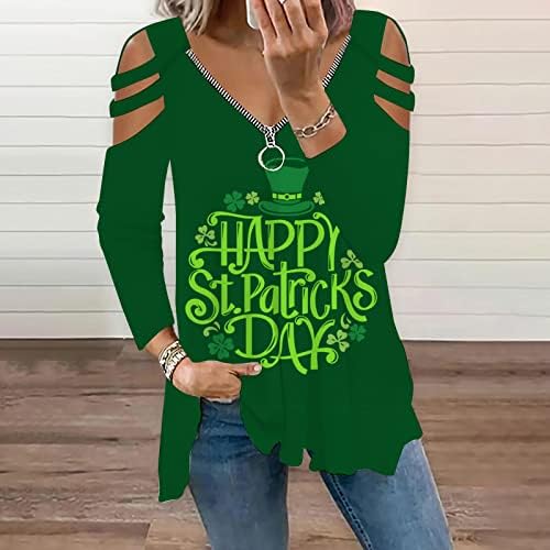 Aziz patrick Günü Fermuar Tees En kadınlar için açık omuzlu Uzun Kollu Yeşil Gömlek Seksi Gevşek Casual Kazak Bluz