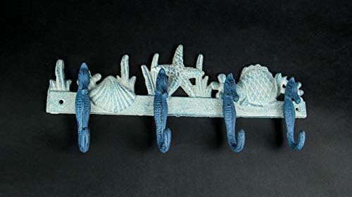 Mavi ve Beyaz Dökme Demir Denizatı Dekoratif Duvar Kanca Denizcilik Deniz Yaşamı Asılı Havlu veya palto askılık portmanto