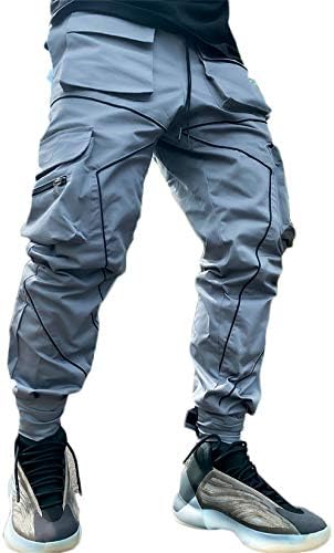 Andongnywell Erkekler Elastik Bel İpli Pantolon Adam Çok Cep Tulum Gevşek Düz Tüp Açık Koşu Pantolon