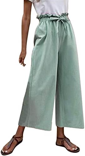 Kadınlar için pamuk Keten Pantolon, Yüksek Bel Geniş Bacak Palazzo Capri Uzunluk Yaz Moda Kağıt Torba Kırpılmış cepli