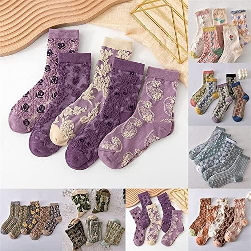 LONGLUAN 5 Pairs Bayan Çiçek Pamuk Çorap, Vintage İşlemeli Çiçek Çorap, Kış Kalınlaşmış Sıcak Kadınlar Vintage Çorap