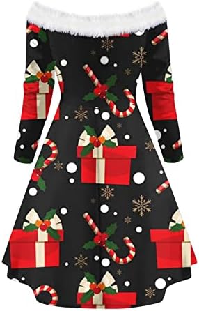 Kadınlar Noel Kapalı Omuz Seksi Elbise Noel Akşam Parti Kıyafeti Uzun Kollu Bulanık V Boyun Kış Diz Boyu Elbise