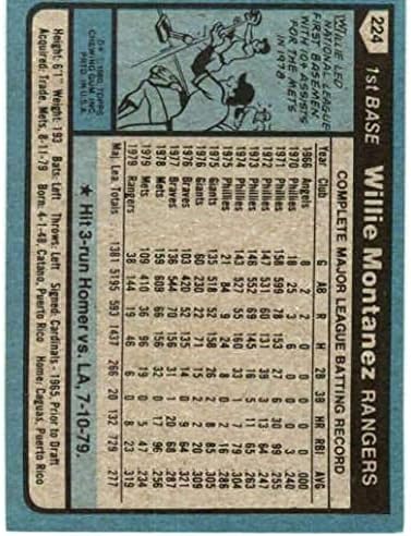 1980 Topps 224 Willie Montanez (EXMT) Texas Rangers MLB Beyzbol Üssü Ticaret Kartı