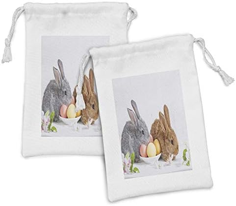 Ambesonne Paskalya Tavşanı Kumaş Kese 2'li Set, 2 Paskalya Tavşanının Fotoğrafı Çiçekler ve Yumurtalar ile Gri ve