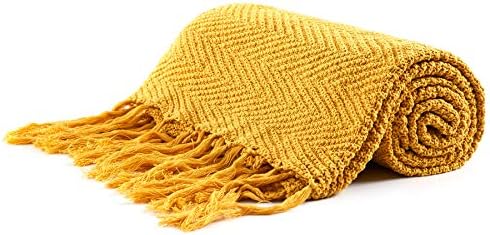 Longhuı yatak Sarı Saçak Örgü Pamuk Atmak Battaniye, 60x80 İnç Dekoratif örme kılıf ile 6 İnç Püsküller, Bonus çamaşır