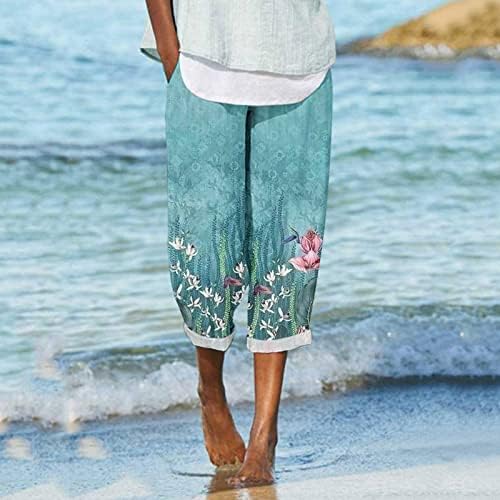 BÜYÜK BEUU kapri pantolonlar Kadınlar için Yaz Rahat Rahat Çiçek Baskılı Kırpılmış Pantolon Pamuk Keten Kargo cepli