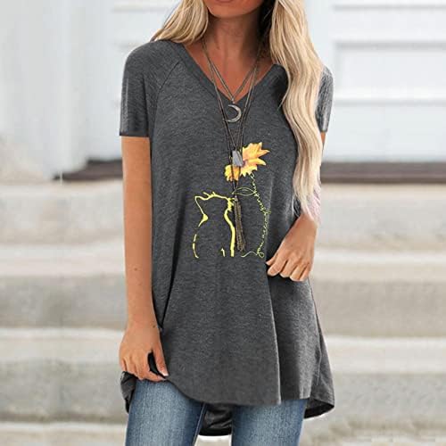 Kadın gömleği Kısa Kollu Pamuklu V Boyun Güneş Kedi Ayçiçeği Çiçek Grafik Kawaii Rahat Üst Tshirt Genç Kızlar için