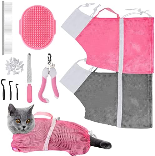 JULMELON Kedi yıkama Torbası 10 adet Set, Ayarlanabilir Kedi Duş Net Çanta ve Tırnak Makası ile evcil hayvan bakım