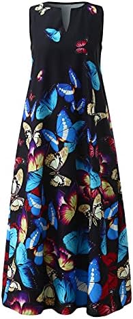Maxi Elbise Kadınlar İçin Yaz Elbiseler Kadınlar İçin 2023 Kelebek Çiçek Çiçek Çentik V Boyun Kolsuz Uzun Sundress