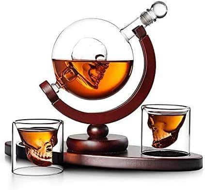 PFKGHNT Viski Sürahi Seti 2 Viski Bardağı-İç Kafatası Tasarımı ile Ahşap Stand ile Birlikte Gelir, 850ml Sürahi 75ml