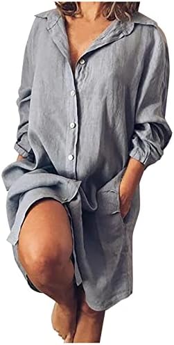 Kadın Hırka Elbiseler Moda Katı Pamuk Keten Gevşek Cep Uzun Kollu Düğme Yaka Gömlek Tunik Bluz Tops