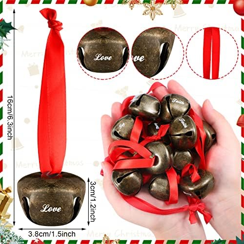 12 Adet 1.5 inç Noel Çan Süsleme Kızak Çan Kırmızı Kurdele ile Inanıyorum Sevinç Aşk Mutlu Rüya İnanç Metal Bells