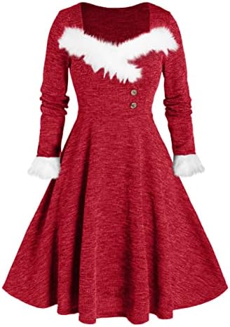 Noel Baskı Flare Elbise Kadınlar için Bulanık Kürk V Boyun Salıncak Tatil Parti Elbise Bayan Noel Baba Kostüm Noel