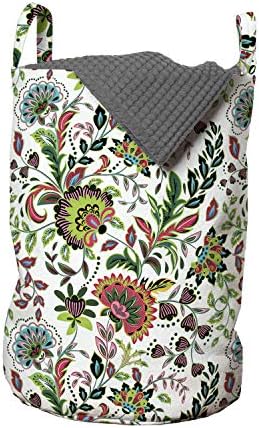Ambesonne Çiçekli Çamaşır Torbası, Taze Renkli Yeşillik Yaprakları ile Elle Çizilmiş Kompozisyon Bahar Mevsimi İllüstrasyonu,