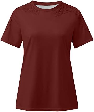 Bayan Sevimli Dantel Bluz Üst Yaz Kısa Kollu dantel kesik dekolte Rahat Yuvarlak Boyun T Shirt Şarap