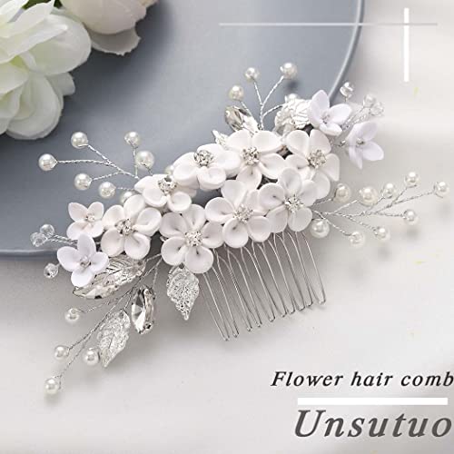 Unsutuo Çiçek Gelin Düğün Saç Tarak Gümüş İnci Gelin saç aksesuarları Kristal Rhinestone saç parçası Kadınlar ve Kızlar