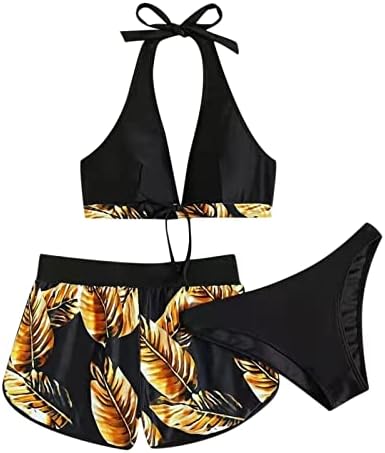 3 Parça Mayolar Kadınlar için, kadın Bikini setleri Yaprak Baskı Wrap Halter Üst Şort bikini seti