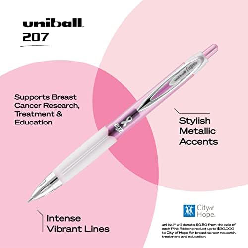 Uni-ball 207 Pembe Kurdele Geri Çekilebilir Jel Kalemler, 0.7 mm Orta Jel Kalem 12'li Paket, Siyah Mürekkep Kalemler,