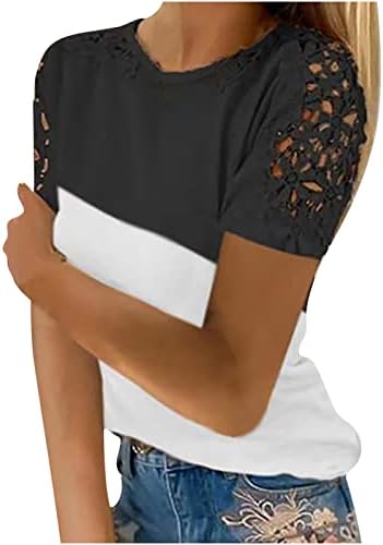 Kadın sonbahar yaz bluz kısa kollu dantel pamuk Crewneck tekne boyun çizgili üst T Shirt kızlar için TH TH