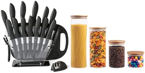 EatNeat Deluxe 18 Parça Siyah Mutfak Bıçağı Seti ve 4 Parçalı Hava Geçirmez Cam Mutfak Bidonları w/Bambu Kapaklı