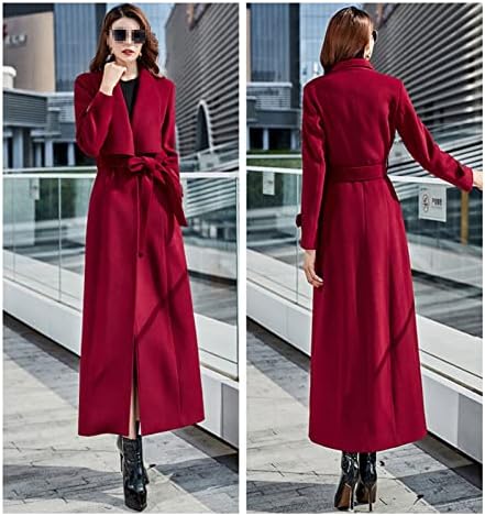 Sonbahar Kış Şarap Kırmızı Uzun Yün Trençkot Kemer İle Kadın Sıcak Kaşmir Zarif Rüzgarlık Giyim