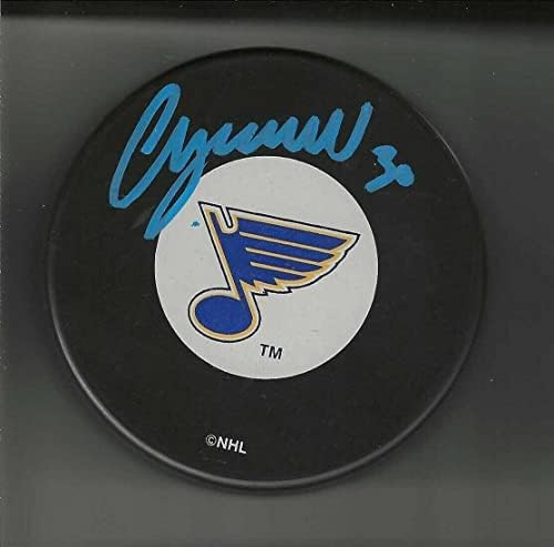 Chris Osgood İmzalı St Louis Blues Büyük Logolu Disk Mavi İmzalı NHL Disklerle İmzalandı