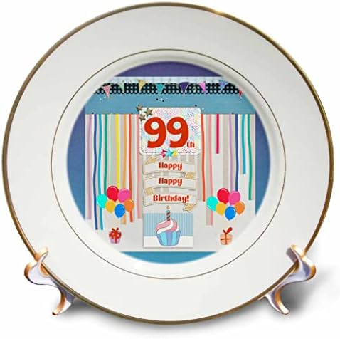 99. Doğum Günü Etiketinin 3dRose Görüntüsü, Kek, Mum, Balonlar, Hediye, Flamalar - Tabaklar (cp_360034_1)