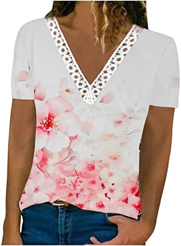Çiçek Grafik Bluz T Shirt Genç Kızlar için Yaz Sonbahar 2023 Kısa Kollu Derin V Boyun Dantel Pamuk Brunch Bluz O7